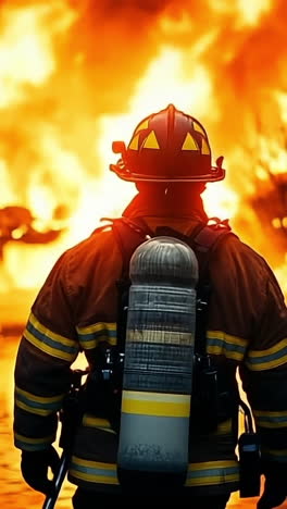 firefighter battling a destructive blaze. a firefighter stands firm in front of a raging fire engulfing homes while surrounded by flames and smoke.