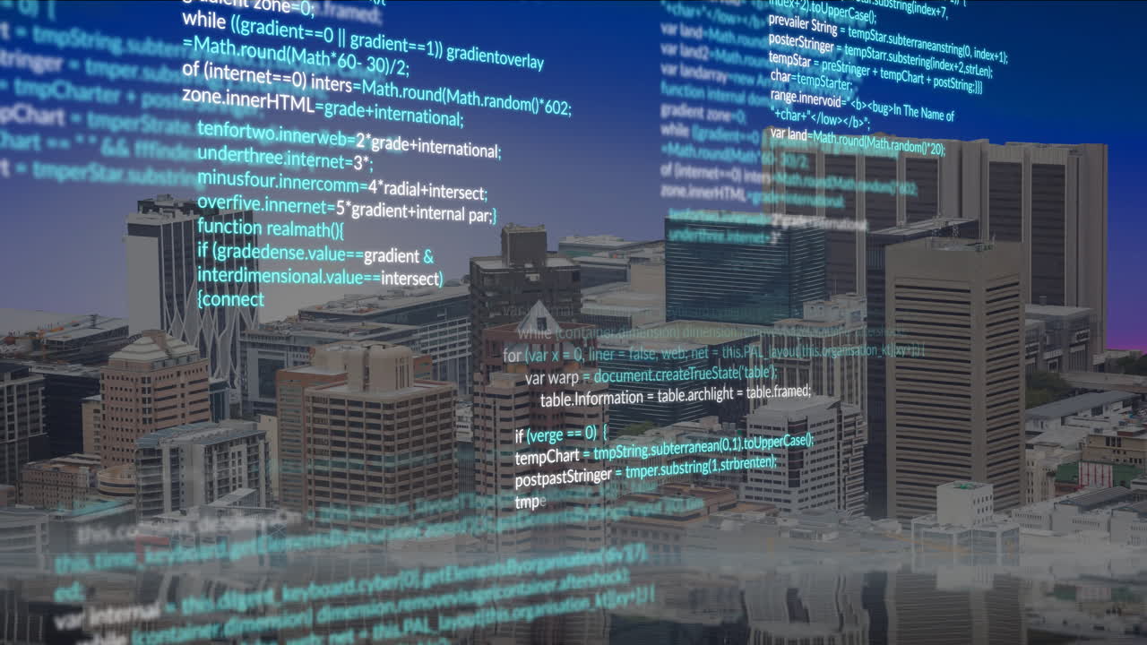 Digital code overlay on cityscape representing technology integration in urban areas