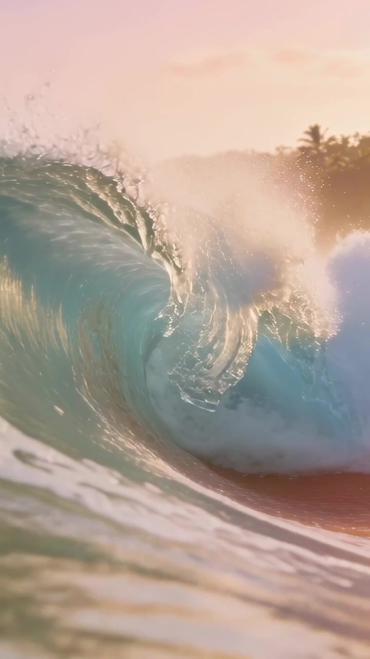 Vertical video: Breaking ocean wave forming turquoise barrel near shore, incoming swell pushing