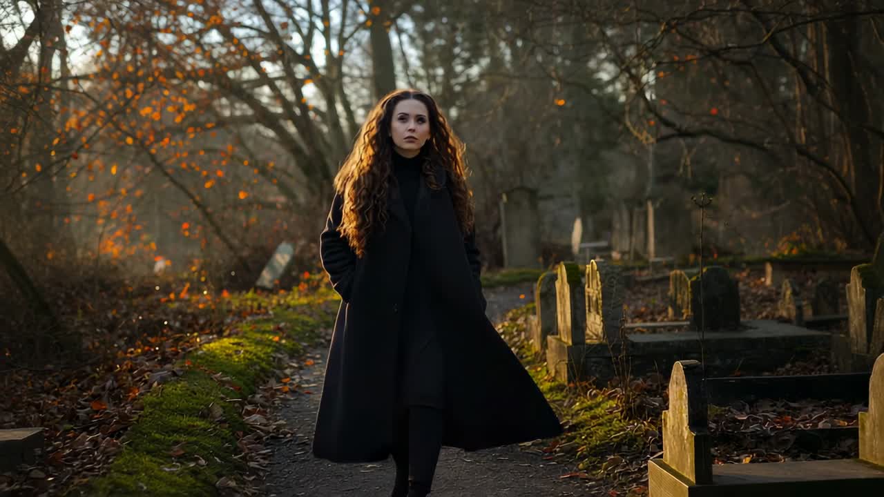 Donna che cammina in cappotto e stivali, inizialmente china, che riflette, passando accanto a lapidi nel cimitero