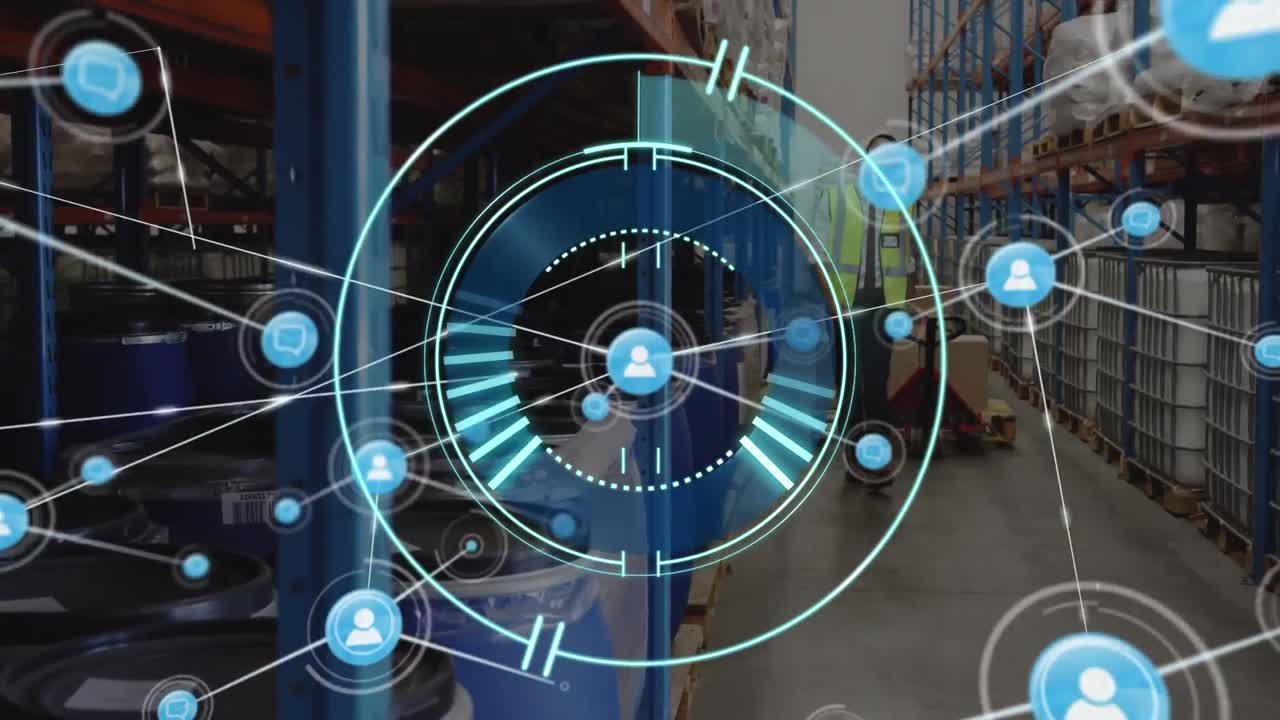 animación de una red de iconos digitales contra un trabajador masculino biracial tirando de una paleta en un almacén.