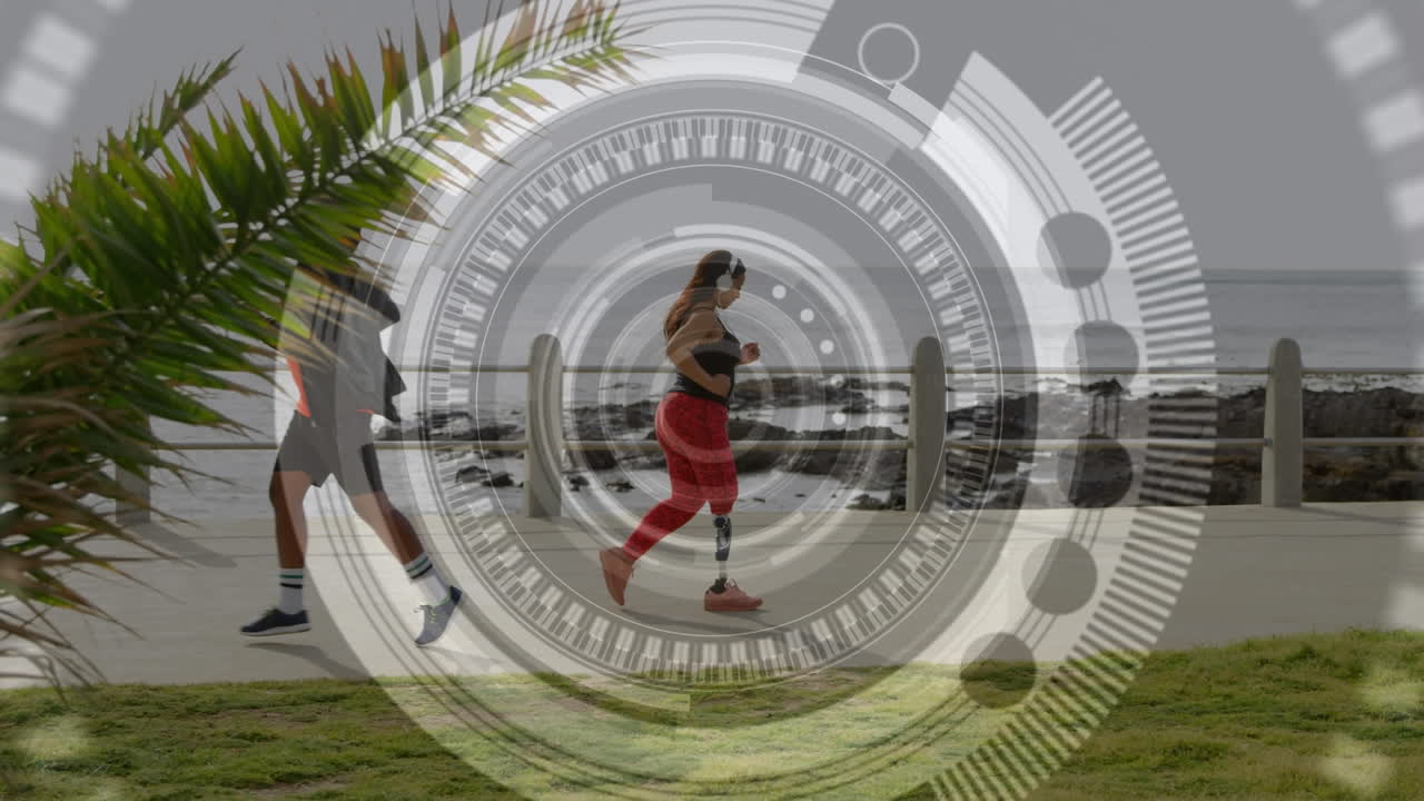Animation of scope scanning over woman with artificial limb running by seaside