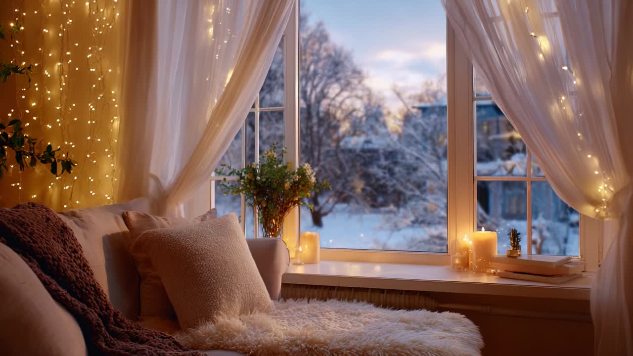 A Cozy Winter Evening by the Window: Embracing the Warmth of Soft Textures, Twinkling Lights, and a Snowy Landscape Beyond for a Serene and Inviting Atmosphere of Tranquility