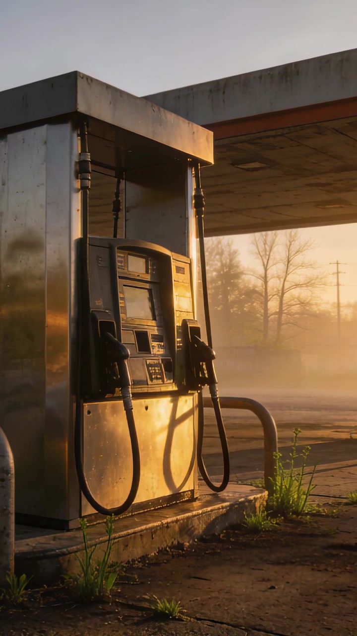 Vertical video: Revealing dawn light lifting mist and highlighting dual-hose fuel dispenser at pump