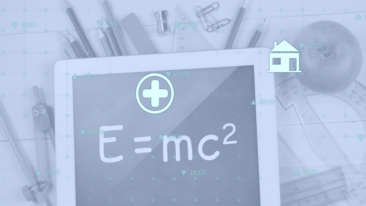 디지털 태블릿 위에 떠다니는 아이콘의 애니메이션 방정식, 서류 및 테이블에 사과