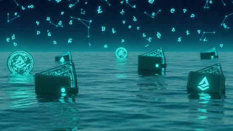 a futuristic scene featuring floating digital wallets and cryptocurrencies illuminated by a starry sky, highlighting the rise of decentralized finance and blockchain technology