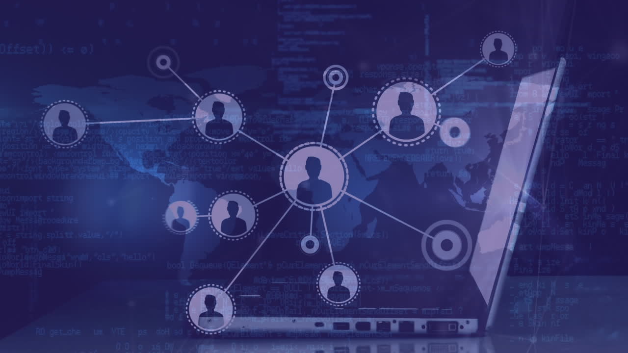 Animation of data processing, laptop and network of connections