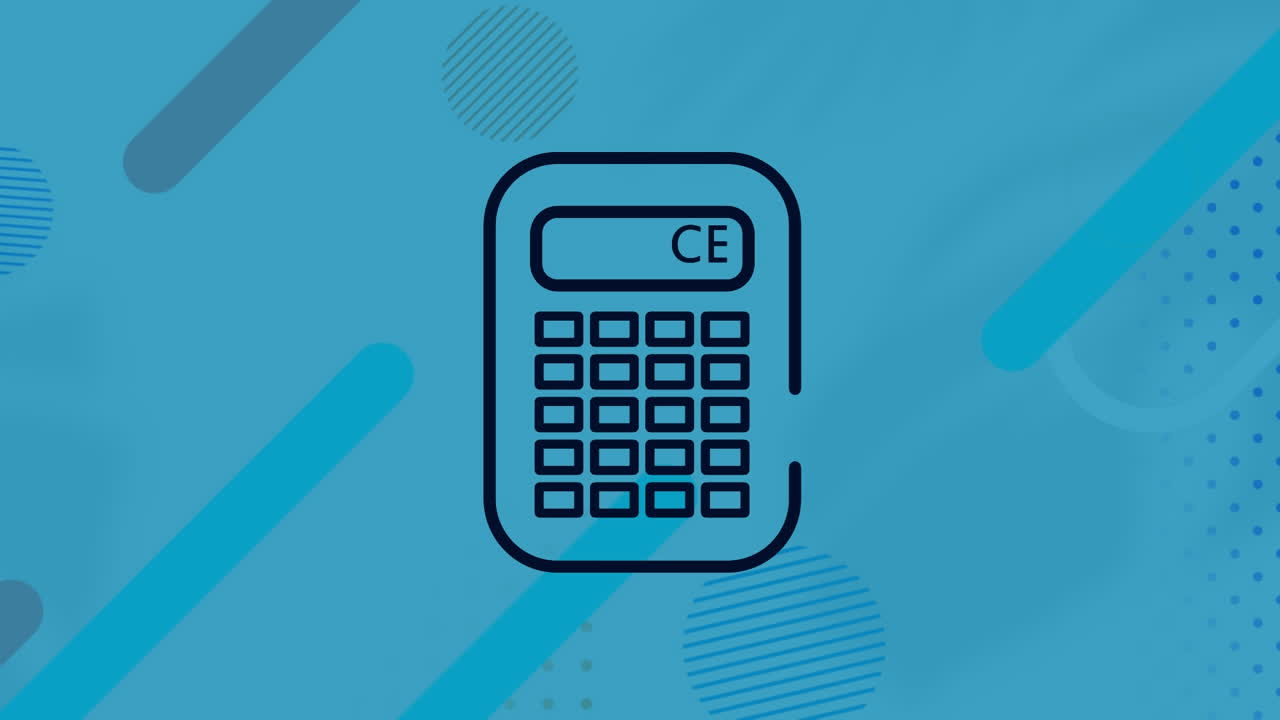 animación de la calculadora y el procesamiento de datos sobre formas abstractas sobre fondo azul.