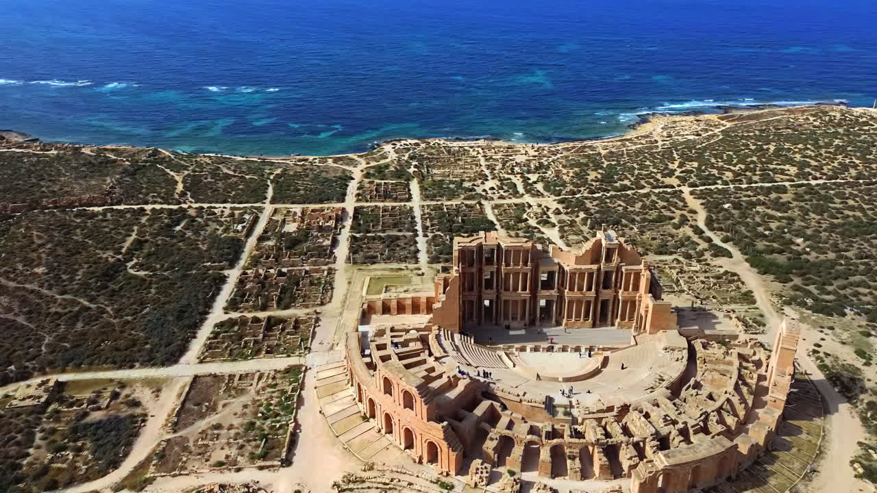 Aerial drone view of the Roman Theatre of Sabratha, one of Libya's most iconic archaeological sites