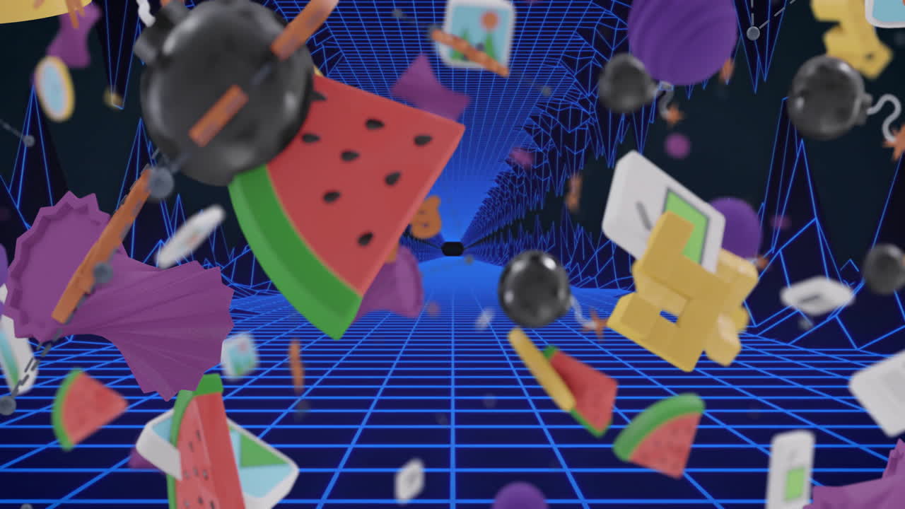 파란색 디지털 그리드와 풍경 위에 떨어지는 3d 미디어 아이콘의 애니메이션