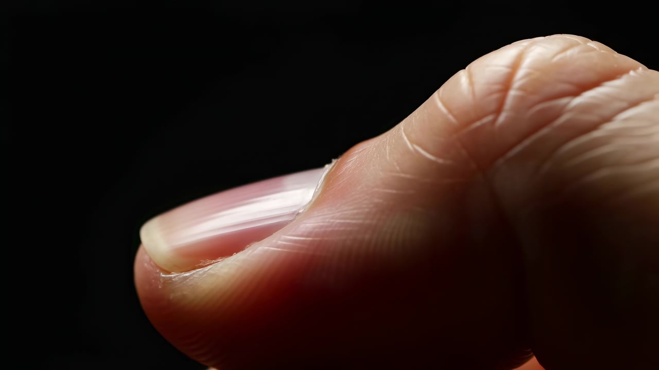 Primo piano estremo che mostra un pollice umano con lamina ungueale liscia, bordo libero lucido, dettagli della cuticola e texture della pelle morbida, isolato su uno sfondo nero profondo con un contrasto drammatico.