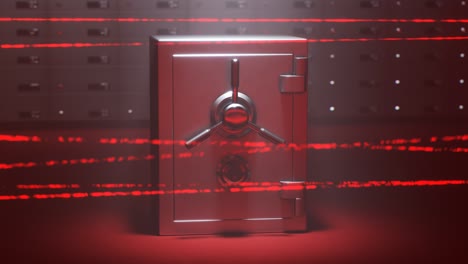 close mechanical dial combination safe standing in front of safe deposit boxes wall. beams of red, transparent, moving laser protecting security system. concept of security, wealth, finance, trust.