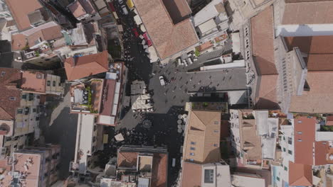 aerial top down footage of the town square in amalfi, italy