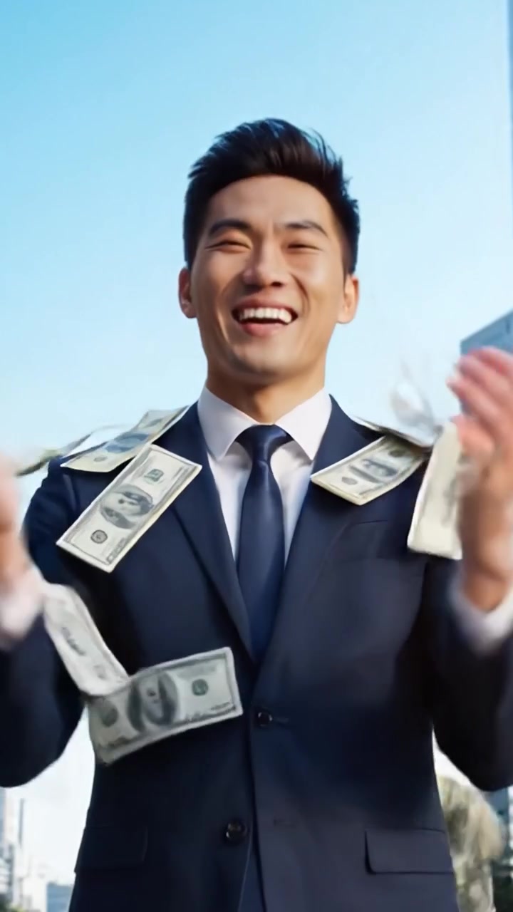 一位專業男士從充滿希望的抱負轉變為喜悅的成功，金錢在城市景觀中如雨般落下，他以燦爛的笑容慶祝財務成就。