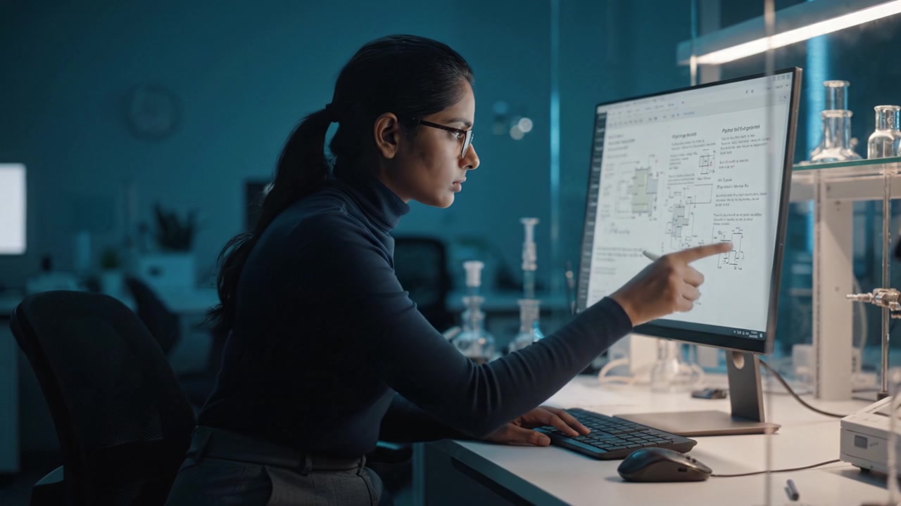 Focused Researcher Analyzing Data on Modern Computer in Laboratory Setting, Engaging with Digital Tools to Advance Scientific Understanding and Innovation