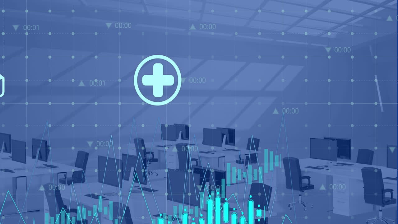 animación de múltiples gráficos con números cambiantes sobre sillas desocupadas y escritorio en la oficina