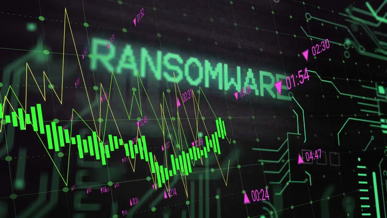 Neon headline fragment starting, RANSOMWARE forming while chart oscillating, showing cyber data