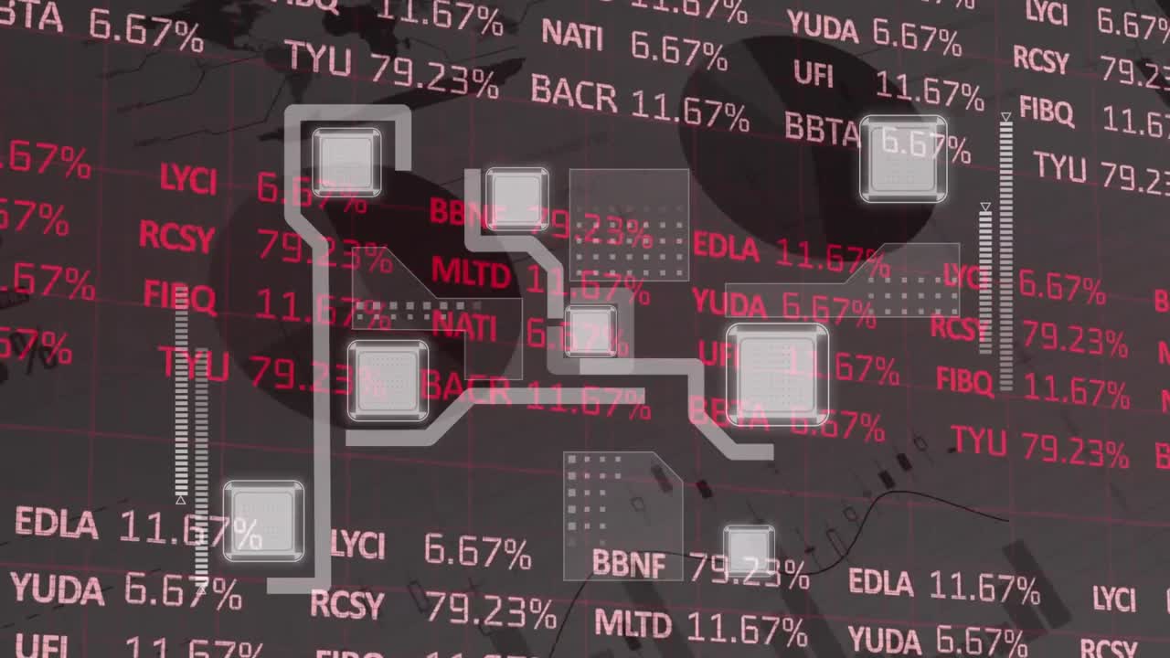 animación de la red de conexiones y procesamiento de datos financieros