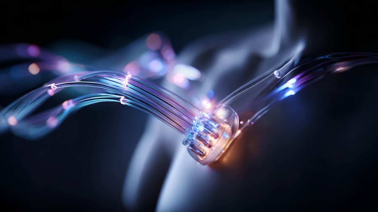 A stunning exploration of futuristic technology and human enhancement, showcasing a luminescent wearable device that intertwines with the body, merging art and innovation in a captivating way