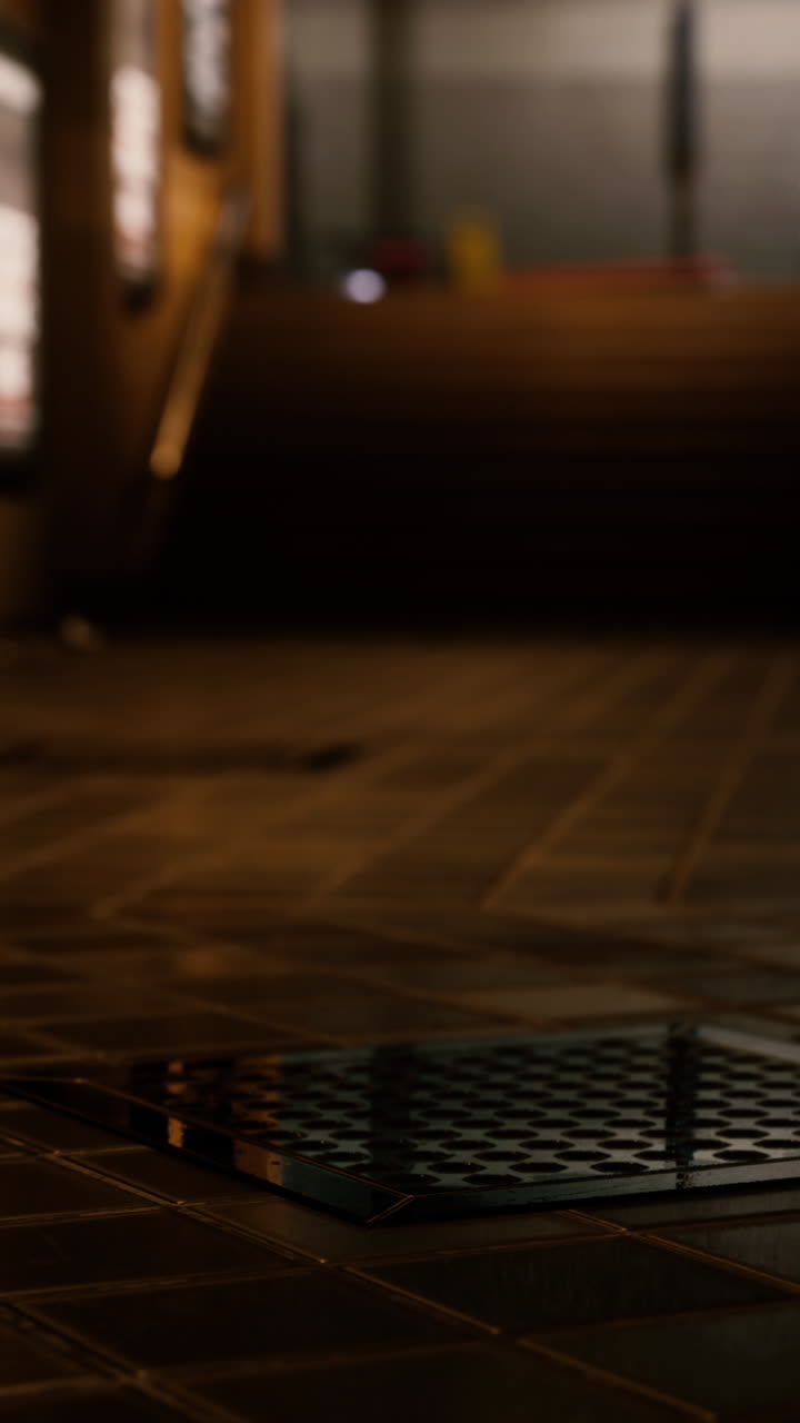 cerca de una cubierta de drenaje metálico en un piso de baldosas