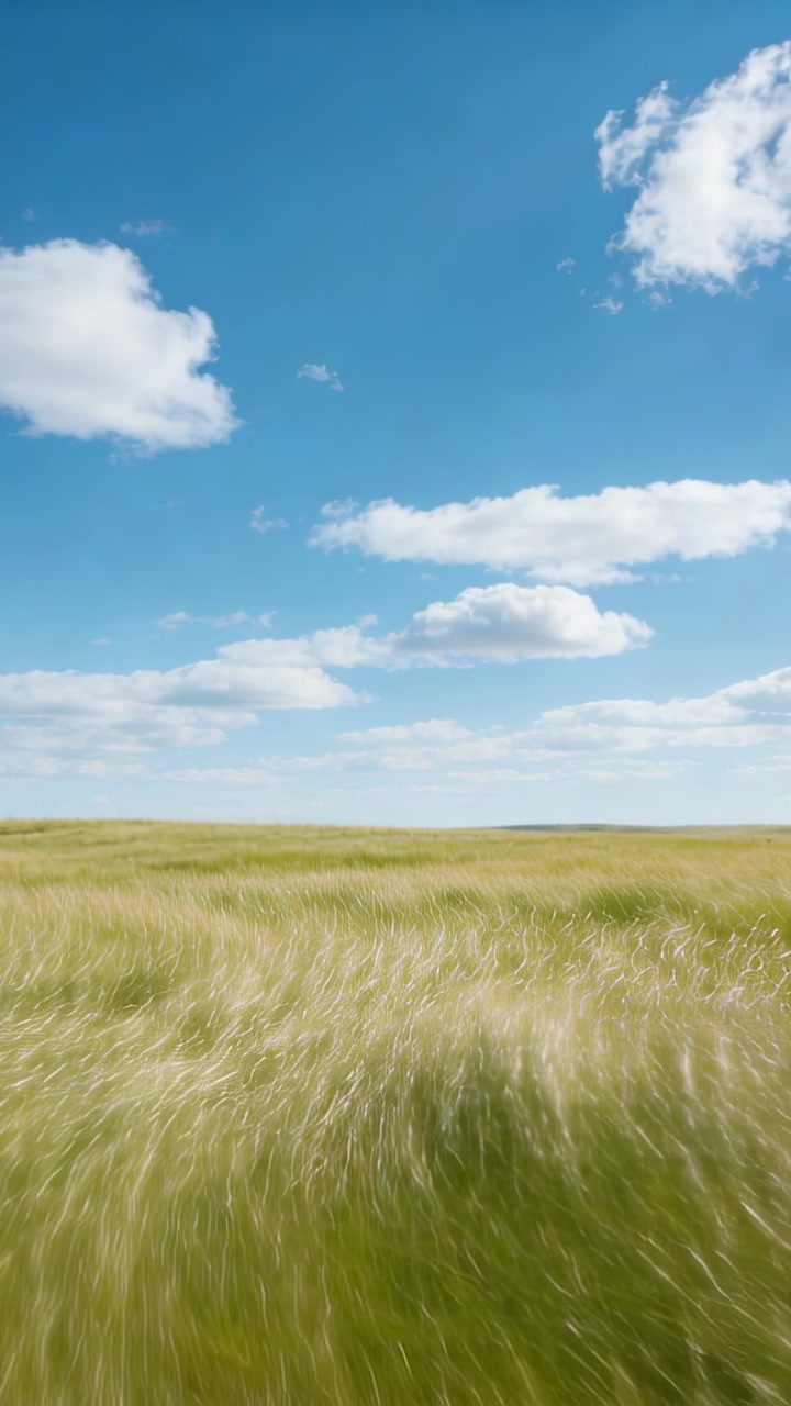 Vertical video: Swaying tall grasses bending in gusting wind on open prairie, cumulus clouds