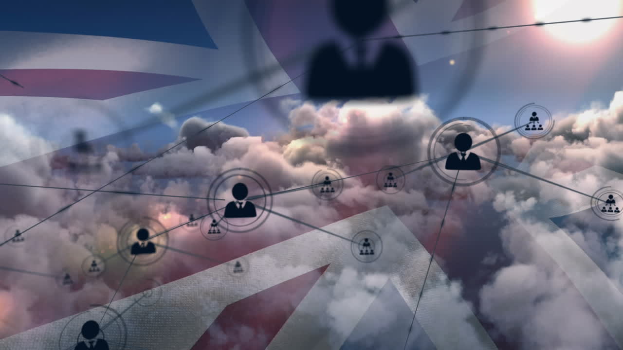 영국의 발과 구름 위의 선으로 연결되는 사람들의 아이콘의 애니메이션