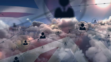 animación de personas iconos que se conectan con líneas sobre la bandera del reino unido y nubes