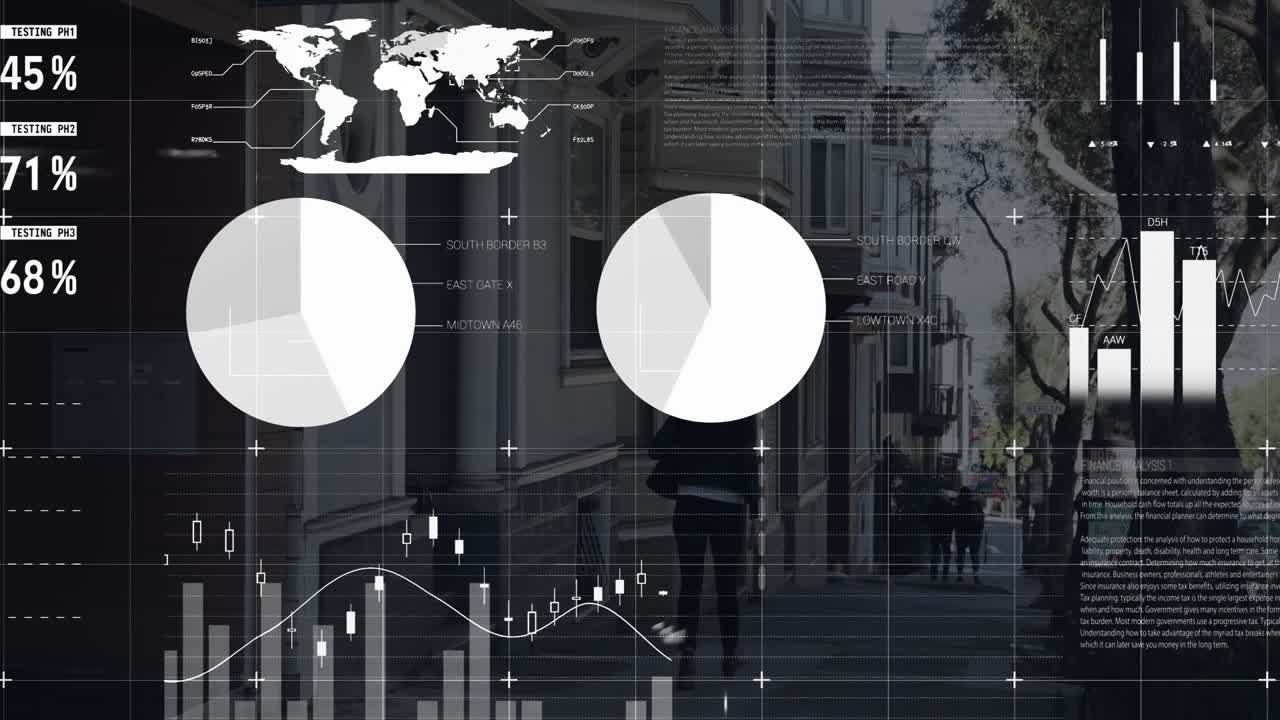 анимация статистики и обработка финансовых данных о женщине, идущей по городской улице