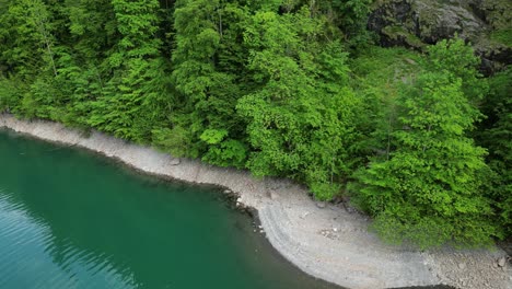 bird eye view of lakeshore klöntalersee glarus kanton, switzerland