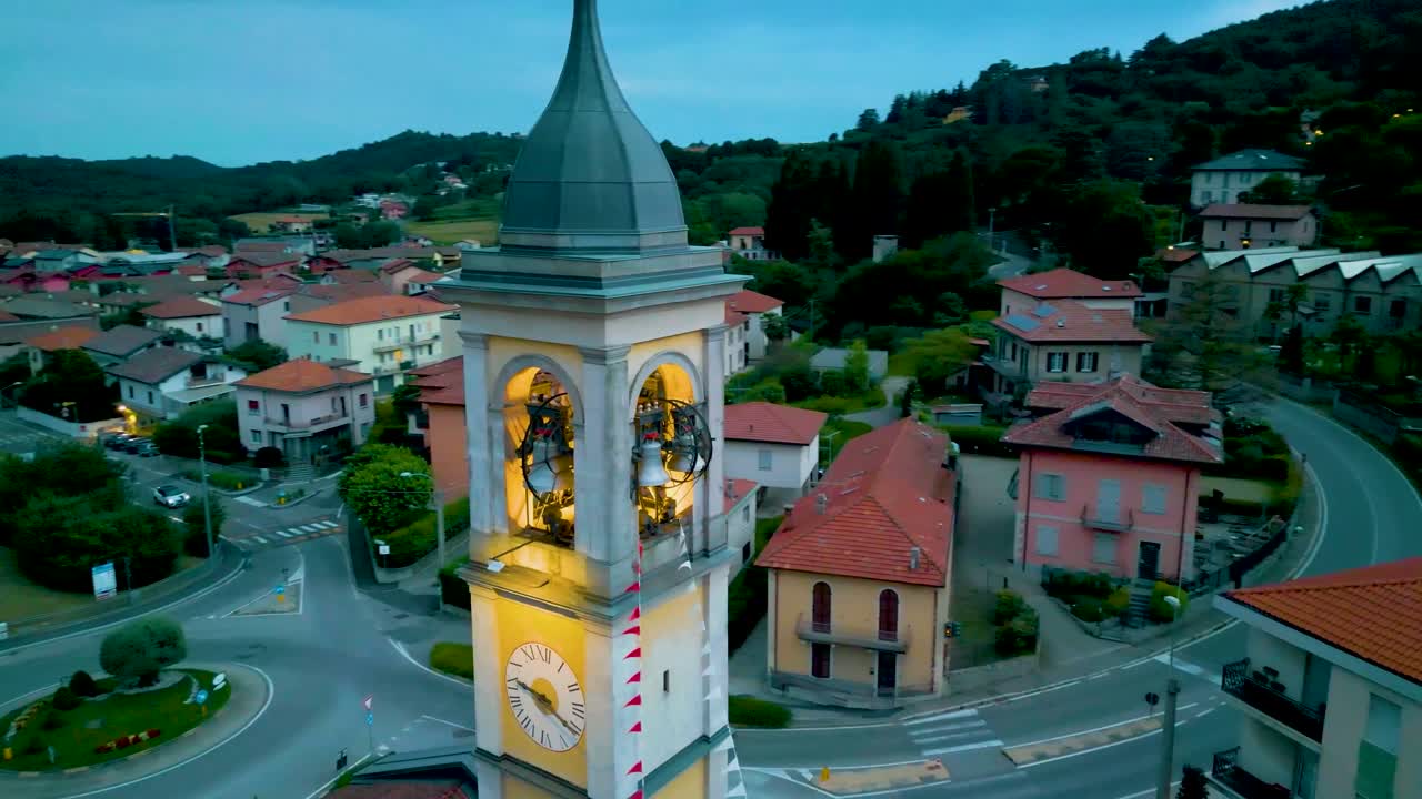 4K Aerial Drone Video of the Bells in the Church Belltower in Cavallasca, Italy on a Summer Evening