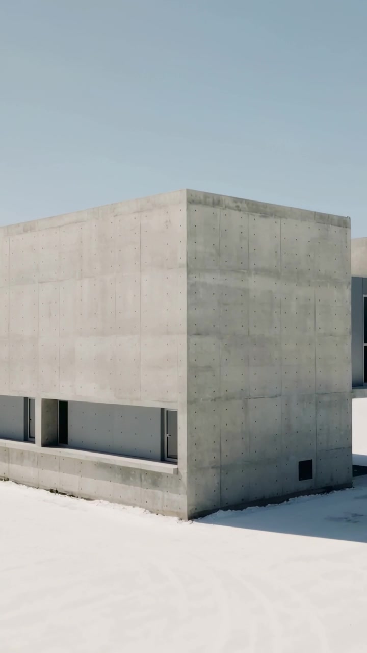 Vertical video: Camera panning right to reveal poured-concrete building on snow with slit windows