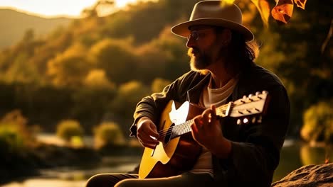 man playing guitar by a river at sunset