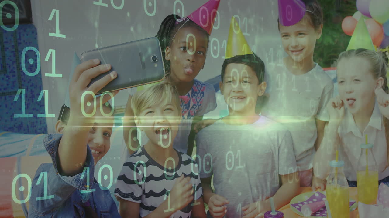 Celebrating birthday, children with digital binary code animation overlay in school