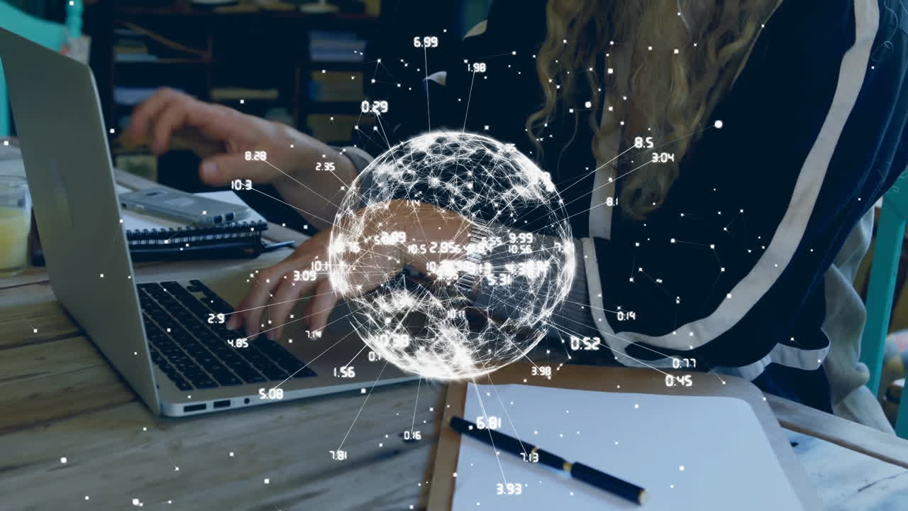 Animation of network of connections and globe over caucasian woman using laptop