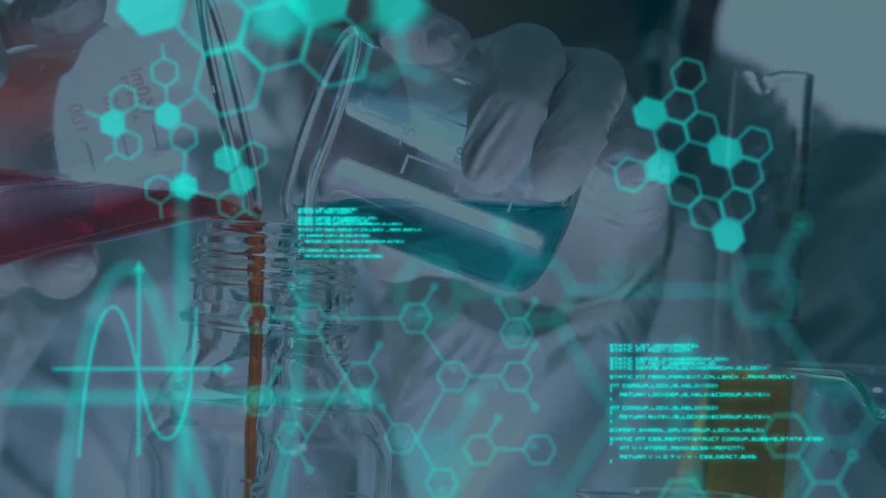 animación de moléculas y procesamiento de datos sobre científico caucásico en el laboratorio