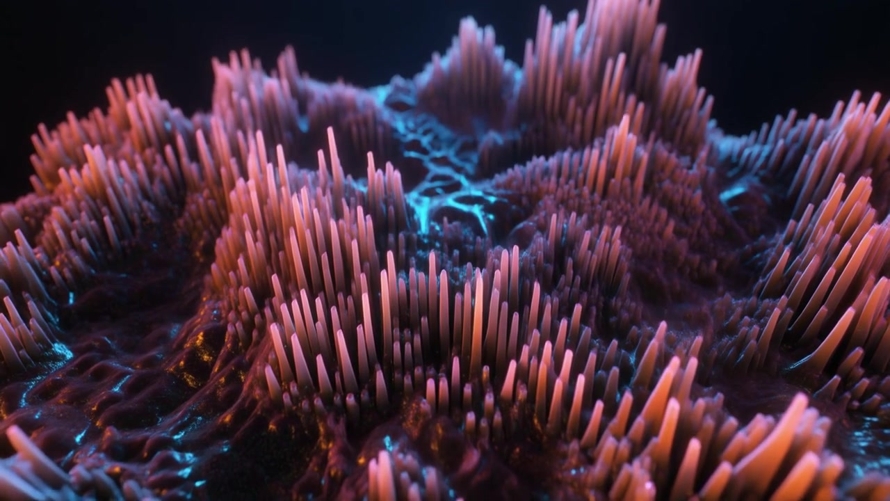Animazione 3D astratta di pilastri organici pulsanti e superficie luminosa.