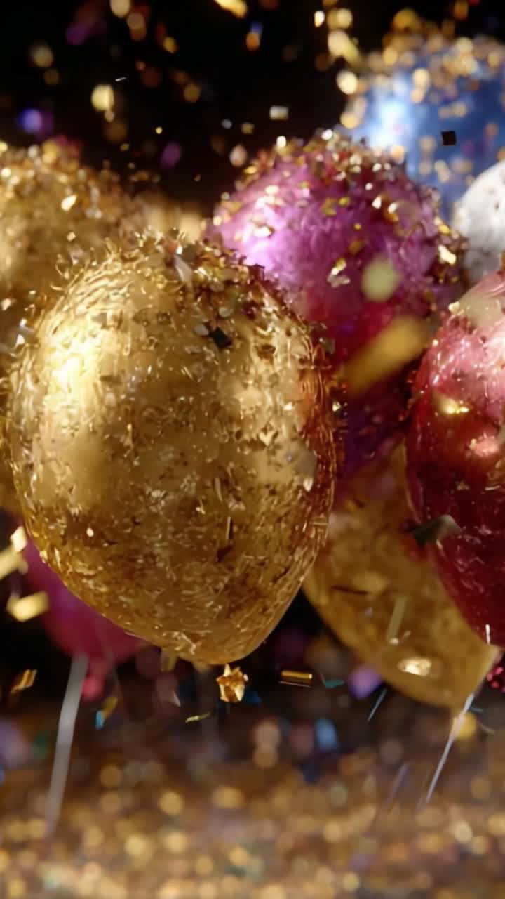 Eine lebendige Explosion bunter Ballons, bedeckt mit Glitzer und Konfetti, die das Wesen der Feier und freudiger Momente in festlicher Dekoration einfängt