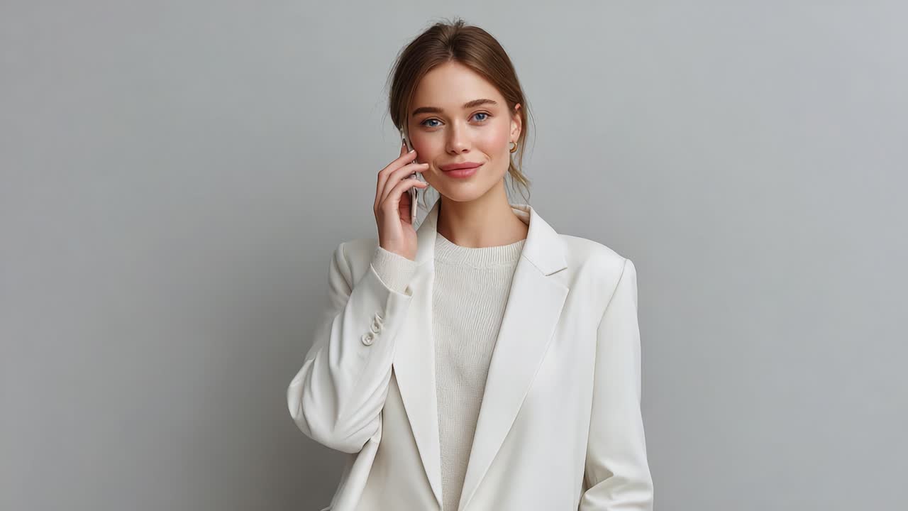 Una giovane donna sicura di sé con un elegante blazer bianco è impegnata in una conversazione telefonica, mettendo in mostra la moda moderna e la sicurezza su uno sfondo minimalista