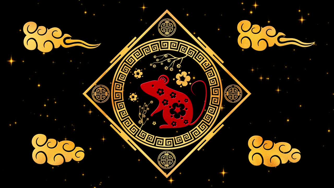 fondo de año nuevo chino rojo con oro, rata, fuegos artificiales, 3d rendering bucle 4k. mágica feliz año nuevo animación