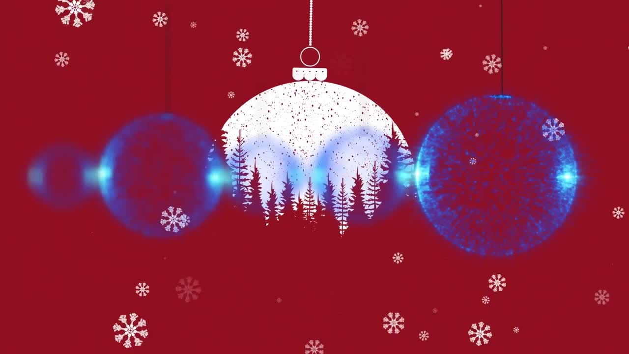 animación digital de múltiples bolas colgando sobre copos de nieve que caen contra un fondo rojo