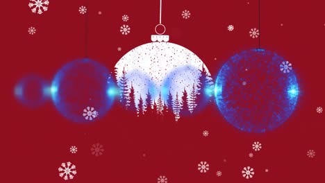Digital-animation-of-multiple-baubles-hanging-over-snowflakes-falling-against-red-background