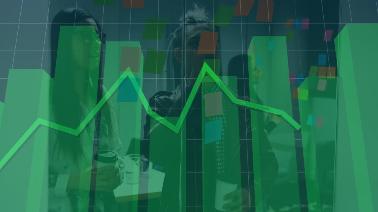 Discussing data, business team analyzing green graph animation in meeting room