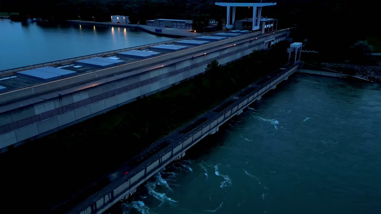Reservoir Concrete Hydroelectric Dam Structure, Evening View - aerial drone shot