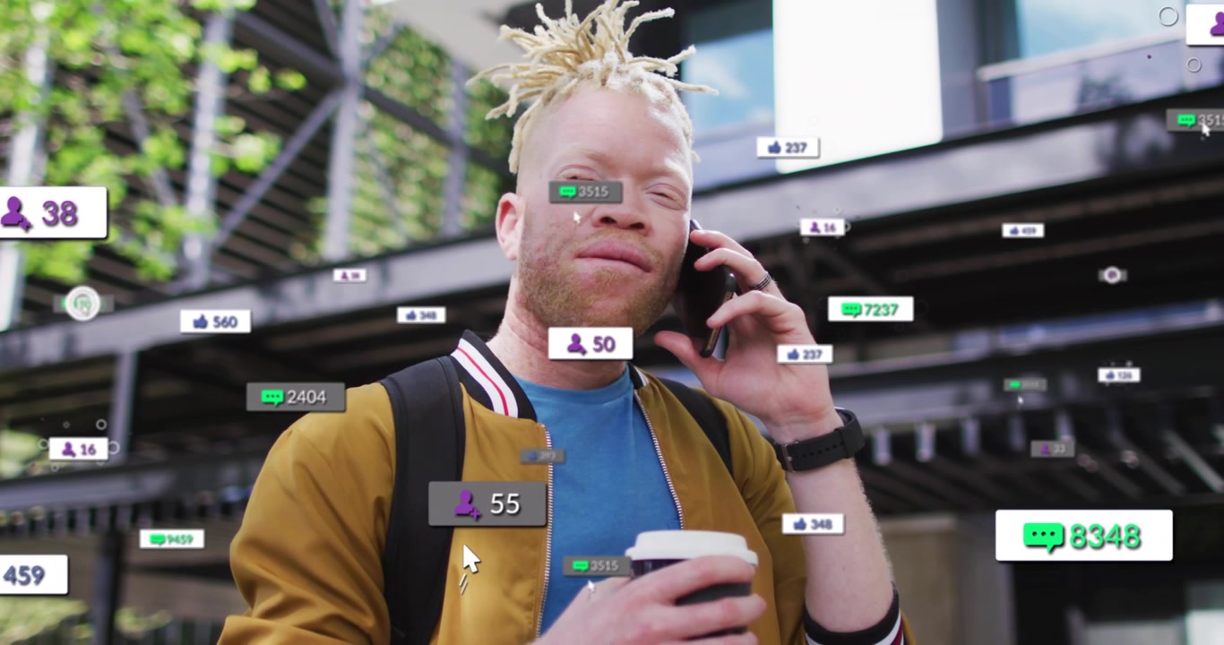 Man placing smartphone against ear while animated social media metrics climbing tracking engagement