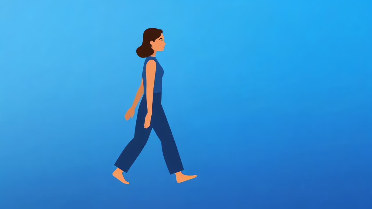 Walking animated woman facing right on blue-gradient blue tank top pants barefoot looping for demo