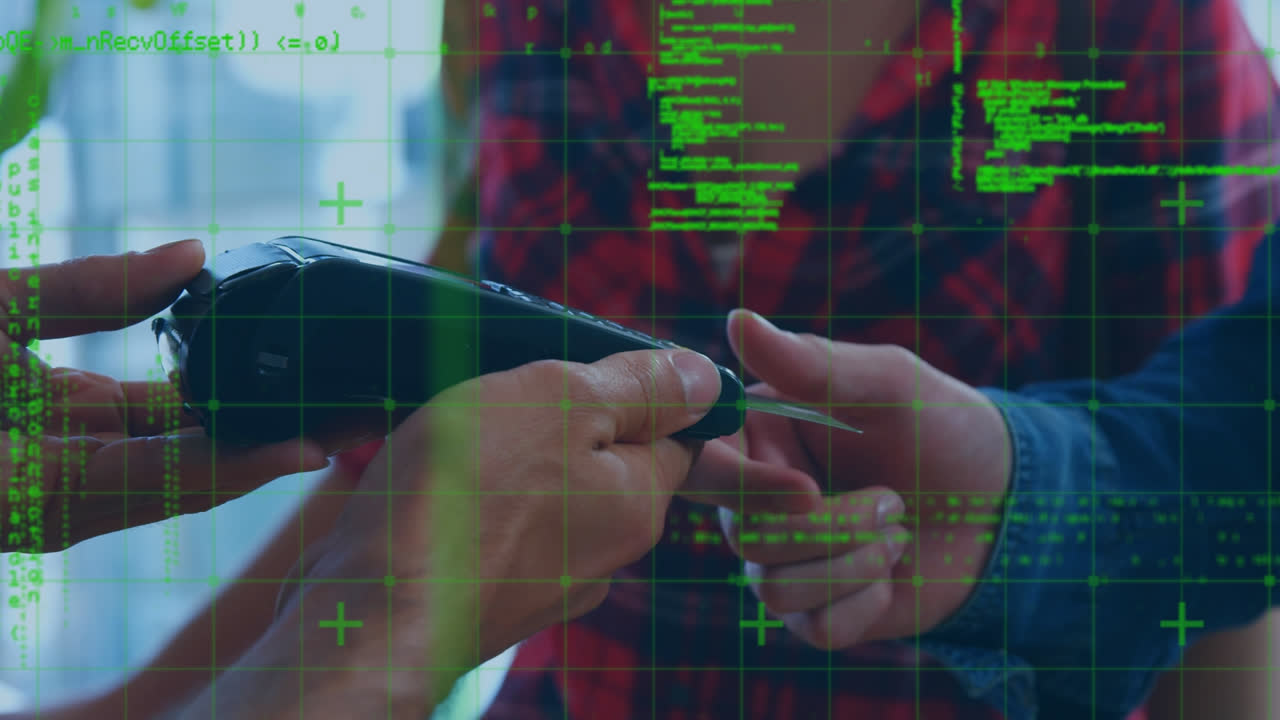 Animation of data processing over caucasian man paying with credit card