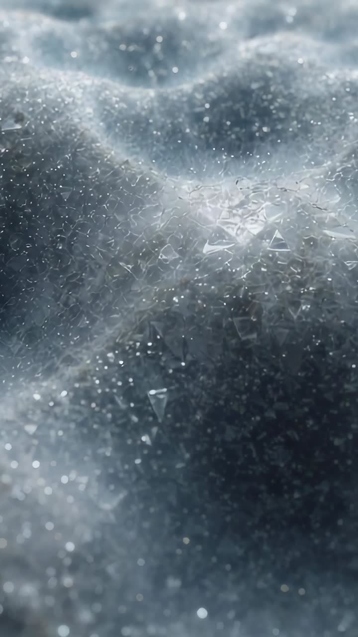 Video verticale: superficie in cristallo lucente, luce da studio che si sposta, frammenti che ruotano e lanciano bagliori