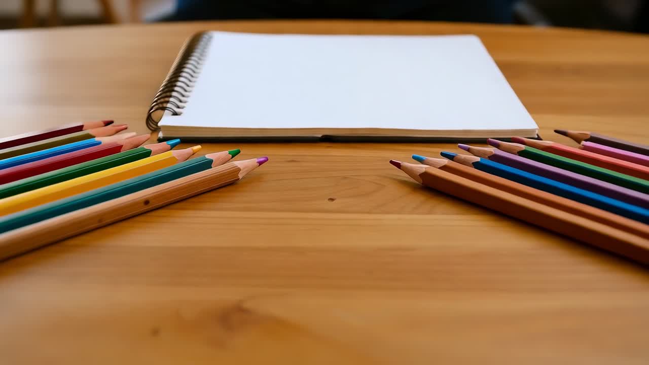 Zooming camera showing spiral sketchbook on tabletop for drawing, with color pencils framing page
