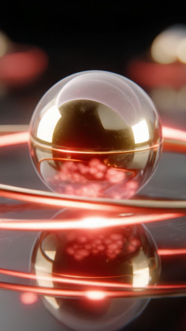 Un primo piano mozzafiato di una sfera riflettente circondata da anelli luminosi, che evidenzia l'interazione di luce e colore in un'accattivante opera d'arte digitale.