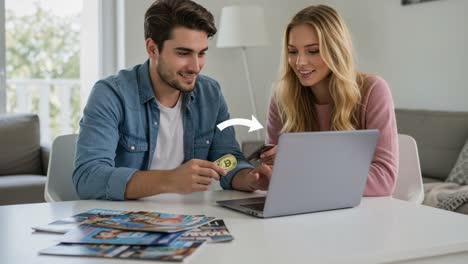 a couple engaging in online shopping while discussing choices, demonstrating the ease of using digital payment methods, showcasing collaboration and modern technology in daily life